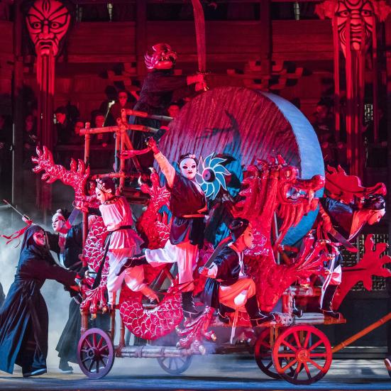 Farver og masker på et billede af ensemblet fra Turandot.
