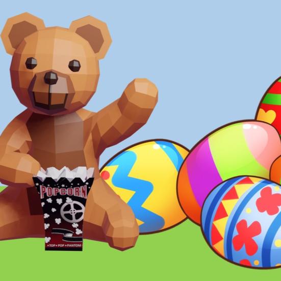 Billede af Bamse og en bunke påskeæg.