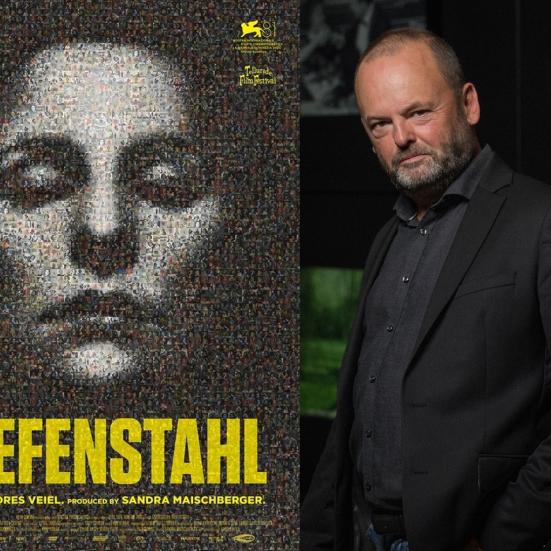 Plakaten til filmen Riefenstahl samt et portrætfoto af forskningsleder Lars-Martin Sørensen.