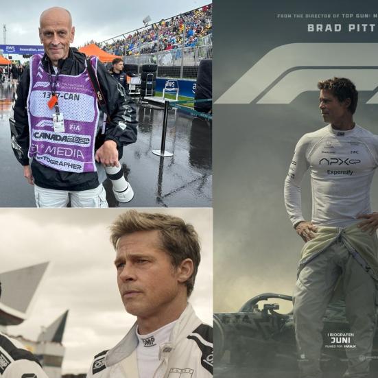 Billede af Peter Nygaard samt plakaten til F1 - the movie og et billede af skuespillerne fra filmen.