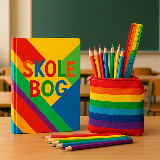 Billede af en farverig skolebog foran en tavle med et penalhus af en slags.