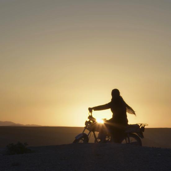 Billede af hovedpersonen fra filmen på en motorcykel i solnedgangen.