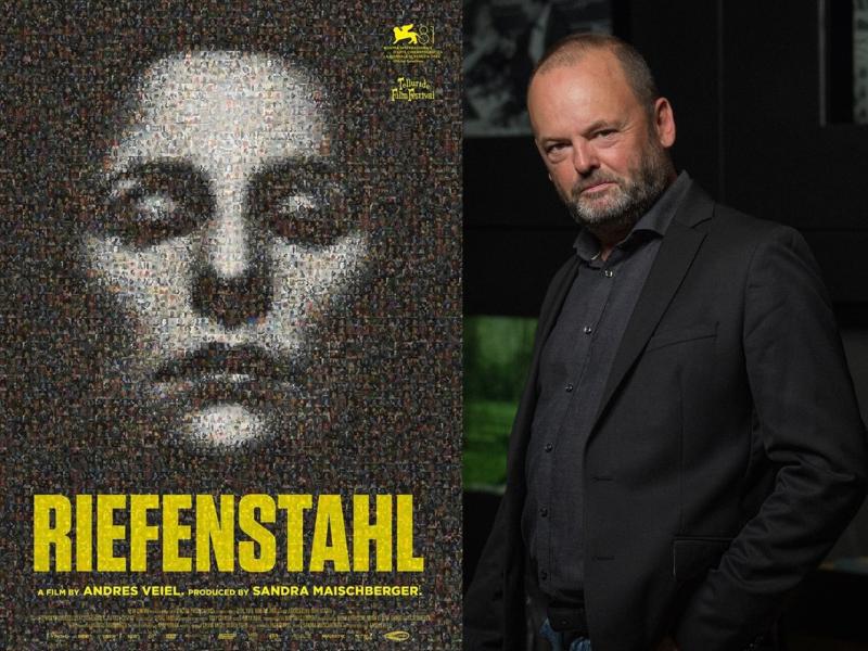Plakaten til filmen Riefenstahl samt et portrætfoto af forskningsleder Lars-Martin Sørensen.