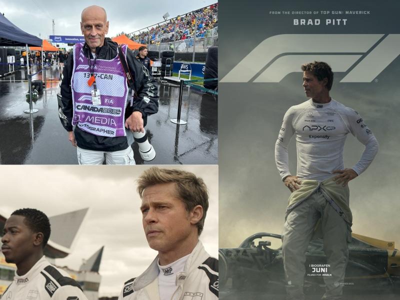 Billede af Peter Nygaard samt plakaten til F1 - the movie og et billede af skuespillerne fra filmen.
