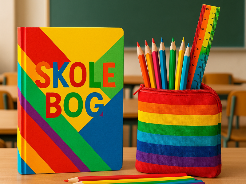 Billede af en farverig skolebog foran en tavle med et penalhus af en slags.