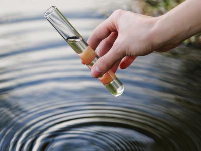 Billede af en hånd, der holder et reagensglas over vand.