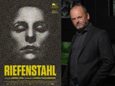 Plakaten til filmen Riefenstahl samt et portrætfoto af forskningsleder Lars-Martin Sørensen.