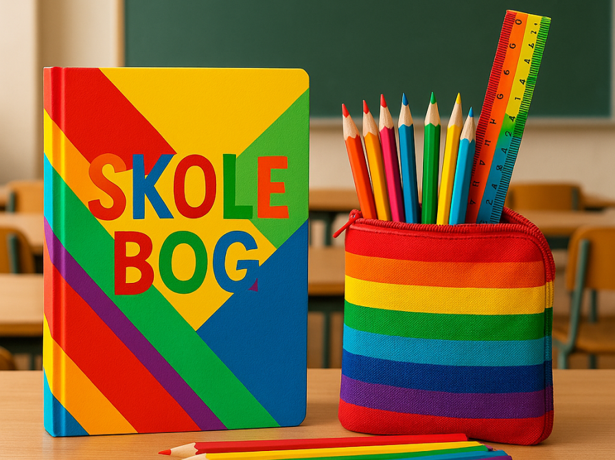 Billede af en farverig skolebog foran en tavle med et penalhus af en slags.
