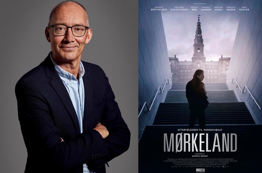 Niels Krause Kjæv og plakaten til filmen Mørkeland