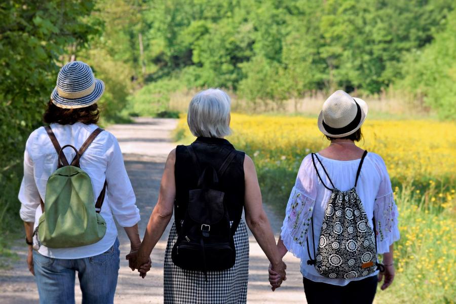 tre kvinder går med hinanden i hånden i naturen 